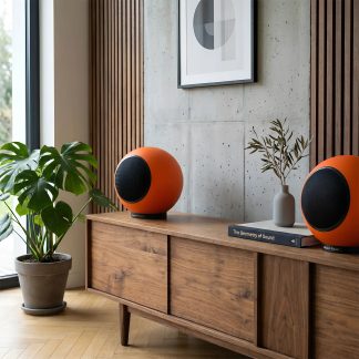 Paar Elipson Planet L Lautsprecher in Orange mit schwarzer Front auf einem Holzbuffet in einem modernen Wohnzimmer