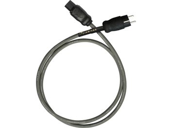 Cardas Iridium Power toitekaabel 1m, vaade ülalt, mustad pistikud, hall kaabel valgete kirjadega
