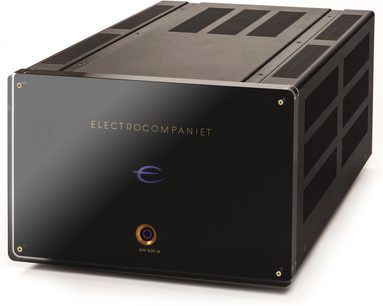 Amplificatore di potenza Electrocompaniet AW800M nero, vista frontale con logo, griglie di ventilazione, visione a tre quarti