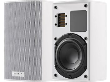 Ασύρματο συνδεδεμένο ηχείο Piega Ace 30 Wireless (TX + RT) λευκό, όψη από μπροστά, διάτρητη γρίλια, κυκλικό ηχείο, ορθογώνιο tweeter