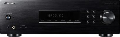 Pioneer SX-20-K sort, stereo hi-fi-forstærker, frontvisning, blå "SACD"-display, sølvfarvede knapper og drejeknap, hovedtelefonstik