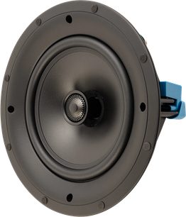 Innfelt takhøyttaler H80-R v2, frontvisning, sirkulær form, svart sentermembran, blå festemekanisme synlig på siden