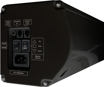 Sort kontrolboks med knapper og porte til Lumene Coliseum UHD 4K 270C motordrevet lærred, tæt ovenfra-billede