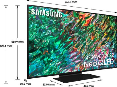 Televizor Samsung QE43QN90B 2022 Neo QLED, plochá obdélníková obrazovka, pohled zepředu, zobrazuje barevný abstraktní obraz
