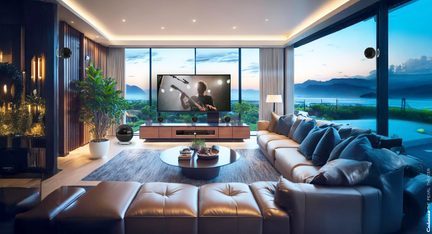 Frontalt overblik over en rummelig, moderne stue med beige hjørnesofaer i læder, rund sofabord i mørkt træ, lavt træmøbel med fladskærms-tv, vægge af glas med panoramaudsigt over et kystlandskab, indbygget stemningsbelysning i loftet og sorte, kugleformede højttalere fordelt i rummet