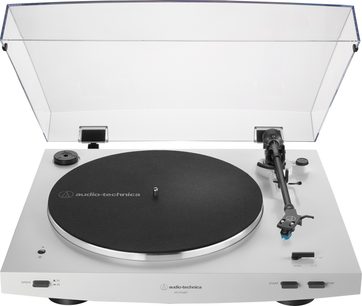 Hi-fi pladespiller Audio Technica AT-LP3XBT hvid, rektangulær, sort pladetallerken, tonearm, kontroller, enkel