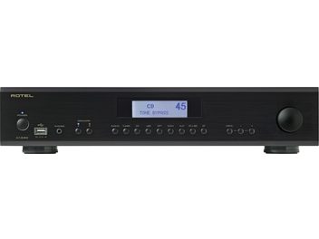 Amplificatore hi-fi stereo Rotel A14 MKII nero, pannello frontale con display LCD, pulsanti e prese in vista frontale