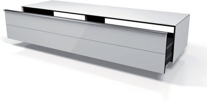 Nízký TV stolek v metalické šedé barvě Spectral Scala SC1650-SL, 2 posuvné dveře, 2 otevřené přihrádky, pohled zepředu