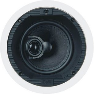 Bowers & Wilkins CCM 636 indbygningshøjttaler, frontvisning, cirkulær sort gitterdæksel med central diskant, hvid finish