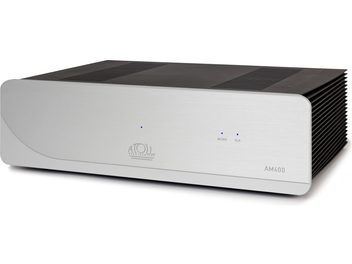 Atoll Electronique AM400 Evolution high-fidelity effektforstærker i sølvfarvet børstet aluminium, elegant front med to blå LED-indikatorer og buet rille til venstre, sider med sorte køleribber, set fra højre forreste trekvartsvinkel