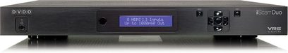 Sort DVDO iScan Duo VRS-kabinet, frontpanel med blå LCD-skærm, der viser "S HDMI 1.3 Inputs Op til 1080p60 Out", porte og knapper