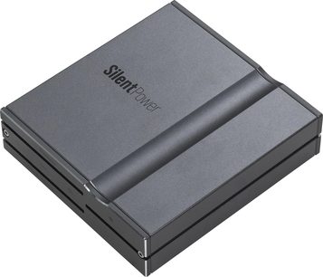 iFi Audio LAN iPurifier Pro strømkonditionering, perspektivvisning, gråt rektangulært kabinet, påskriften "Silent Power" på toppen