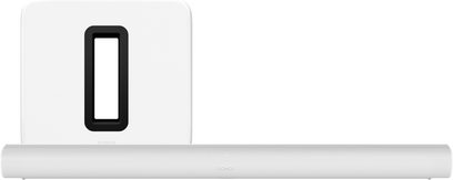 Sonos Arc Soundbar, Frontansicht, weiße Farbe, mit einem rechteckigen, flach darunter liegenden Subwoofer