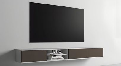 Nástěnný audio-videonábytek Unnu Classic Series Model 1540, bílý, dřevo, hnědé dveře, otevřená centrální nika s policí