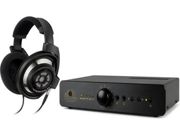 Cuffie nere aperte con amplificatore per cuffie Atoll HD120 nero, vista frontale a tre quarti