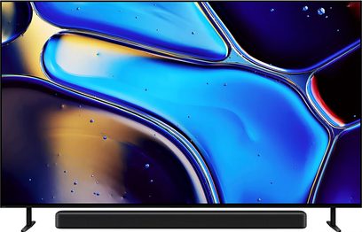 Sony BRAVIA 8 (65XR80), plochá televize, pohled zepředu, abstraktní modro-žlutý obraz, černé nožky, černá soundbar