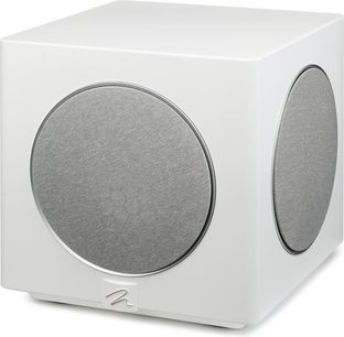 MartinLogan Abyss 8 subwoofer in satijnwit met matte witte afwerking en grijze ronde roosters op meerdere zijden