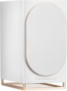 Verbonden luidspreker Triangle Capella 2 sterrenwit, wit gelakte afwerking, ovale grille en gouden metalen voetstuk