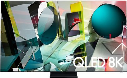 Samsung QE65Q950TS fladskærms-TV med smal sort ramme, der viser farverige abstrakte geometriske former