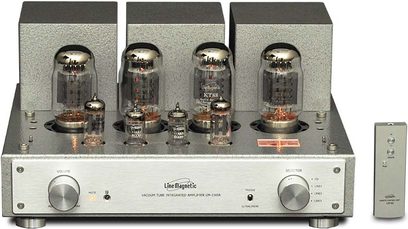 Amplificatore hi-fi a valvole Line Magnetic LM-216IA argento, vista frontale, 4 valvole termoioniche, 2 manopole rotanti, prese frontali