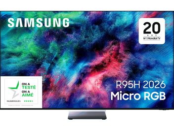 Samsung TMR75R95H 2026-TV framifrån, skärm med färgglada mönster och mörkt mittstativ