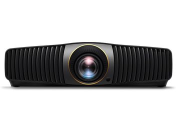 Benq W5850 black plastic projector, front view, ribbed case with vertical fins, central glass lens surrounded by a gold ring, and small round side sensor