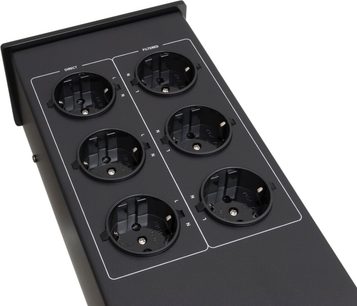 Multiprise Taga Harmony PF-600 (2022) sort, set oppefra, 6 runde sorte stikkontakter på et rektangulært sort panel