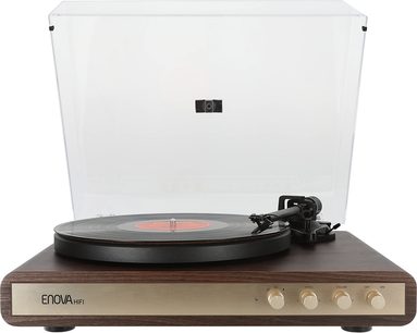 Giradischi hi-fi Enova HIFI VELA VP2 con base rettangolare in finitura legno, coperchio trasparente sollevabile, piatto nero, braccio nero, 4 pulsanti circolari dorati sul frontale