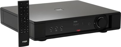 Rega Mercury entegre amplifikatör, ön panelde büyük ses seviyesi düğmesi ve uzaktan kumanda ile siyah renk