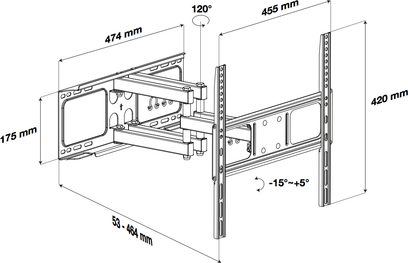 Teknisk diagram med dimensioner af en drejelig vægbeslag til TV Norstone Mount Arran F3255-RSD, set fra siden