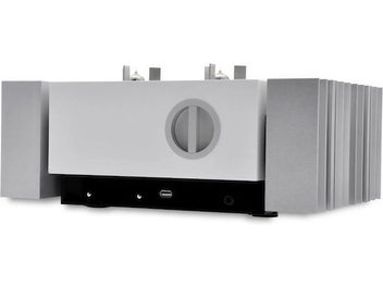 Стерео hi-fi підсилювач Pathos InPol Remix MkII у білому лакованому виконанні, вигляд спереду, біла передня панель із центральним круглим чорним ілюмінатором