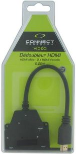 Sort HDMI-splitter Connect Research CBHY1002 med han- og hun-HDMI-stik, i grøn og gennemsigtig emballage