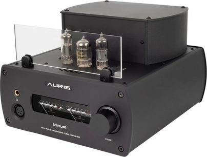 Preamplificador de auriculares de alta fidelidad Auris Audio Minuet negro de válvulas con vúmetro y control de volumen, vista en tres cuartos