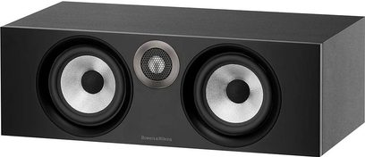Bowers & Wilkins HTM6 mat sort center højttaler, frontvisning, 2 runde sølvfarvede højttalere, central diskant