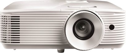Optoma HD29HLVx kompakt hvid projektor, front, sort centralt objektiv, sidegitter