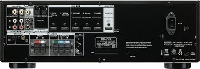 Bagside af en Denon AVR-X550BT sort hjemmebiograf-forstærker med talrige audio/video-stik og en HDMI-port