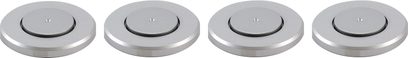 Vier identische SSC Netpoint 200 Silber-Spikes, rund und aus Metall, von oben auf einfarbigem grauem Hintergrund abgebildet