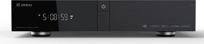 Zidoo Z1000 PRO sort multimedie-afspiller, frontvisning, blå LED-display "5:00:59", to runde fødder