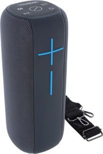 Yourban Getone 48 harmaa bluetooth-kaiutin, edestä katsottuna, sylinterin muotoinen, siniset painikkeet, kiinnitetty musta hihna