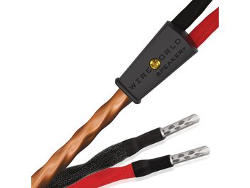 Cable de altavoz con funda trenzada de cobre, conectores metálicos plateados, terminales negro y rojo, carcasa negra marcada