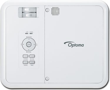 Optoma EX774N hvid videoprojektor set forfra, med kontrolknapper, lysdioder og tilslutningsmuligheder på toppen