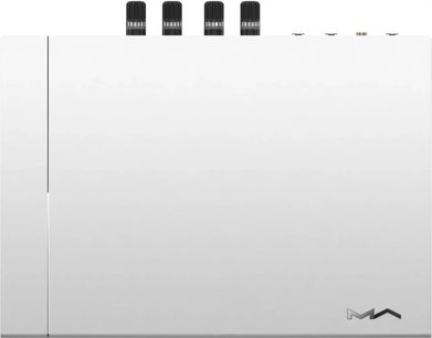Matrix Audio Element P2 forsterker i grå aluminium, glatt toppanel sett ovenfra, fire sorte riflede høyttalerterminaler på linje bak, kantet «MA»-logo nederst til høyre