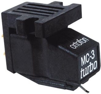 Ortofon MC-3 Turbo sort pladespiller-pickup, sort, set ovenfra og fra siden, rektangulær form med 4 monteringshuller, stik på bagsiden