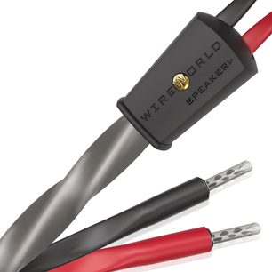 Cavo per diffusori Wireworld Equinox 10 con guaina grigia intrecciata, connettori nero e rosso, terminali metallici argentati perforati
