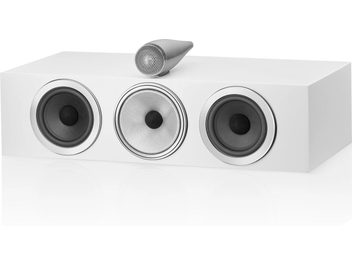 Diffusore centrale Bowers & Wilkins HTM71 S3 bianco satinato, 3 altoparlanti circolari neri su cabinet rettangolare bianco
