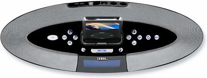 JBL On Time 400ID sort dockingstation, set forfra, LCD-skærm i midten viser et landskab, knapper og drejeknapper rundt om