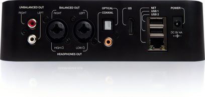 Síťový audio přehrávač Volumio Motivo, zadní pohled, konektory RCA, XLR, optický, koaxiální, I2S, USB, napájení
