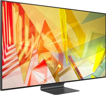 Televizor Samsung QE55Q95T 2020 s plochou obrazovkou zobrazující abstraktní barevné geometrické tvary, pohled zepředu