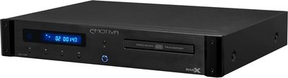 Emotiva BASX CD-100 sort CD-afspiller, front med blå display, knapper og skuffe, set forfra
