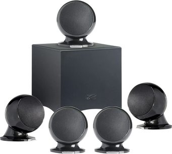 Pack d'enceintes Cabasse Alcyone 2 noir laqué : 4 enceintes sphériques noires sur socles noirs, vue de face